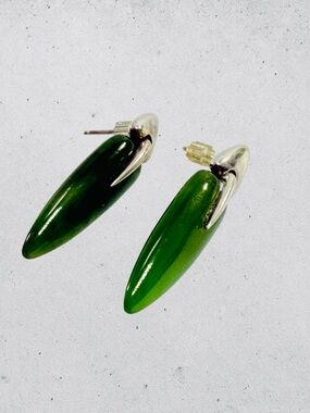 Sterling Silver 925 Nephrite Green Jade Earrings Long Narrow Dangle Stud Signed